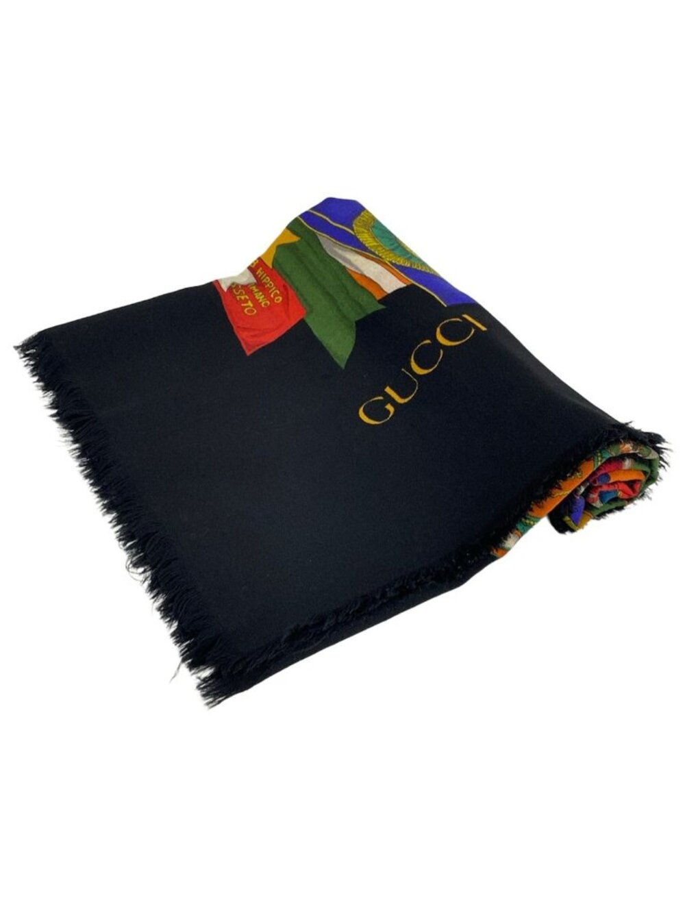 Gucci Shawl Black Dark Yellow Multi Wool Scarf